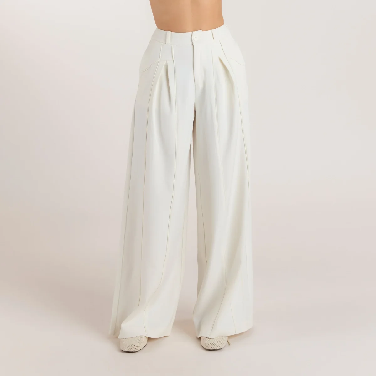 Pantalon Large à Plis - Écru – Image 2