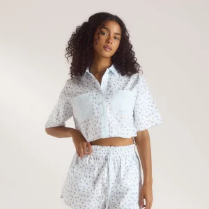 Chemise de Pyjama à Manches Courtes Bloom & Stripe - Bleu
