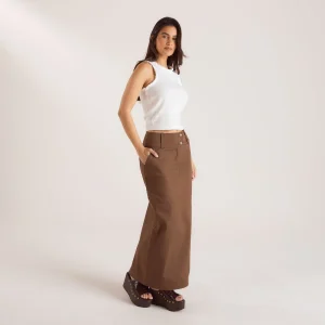 Jupe Maxi Tissé à Double Boutonnage - Chocolat