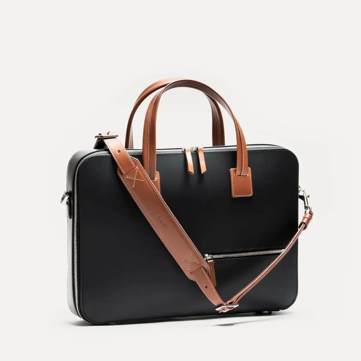 Porte-documents en cuir lisse ~ ALESSANDRO II - NOIR & COGNAC – Image 2