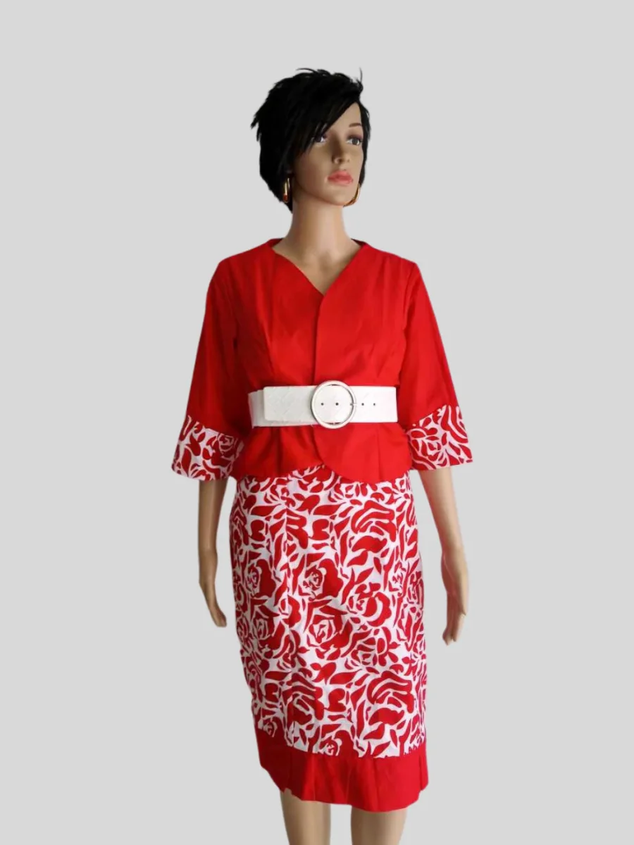 Ensemble tailleur ROUGE en coton imprimé fait main – Image 7
