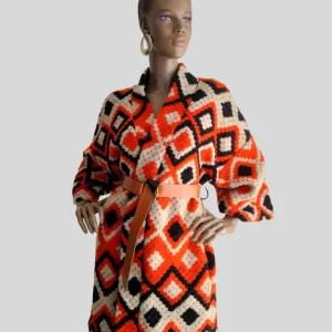 Manteau ORANGE en laine imprimé avec ceinture