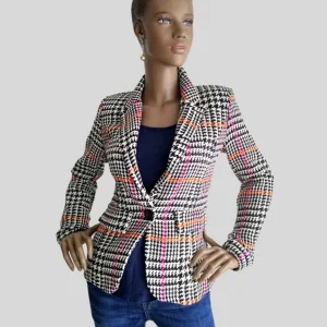 Veste femme pied de poule aux reflets ORANGE et ROSE