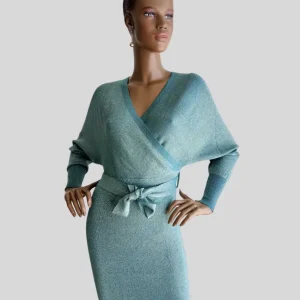 Robe-pull VERTE pailletée cache-cœur à nouer