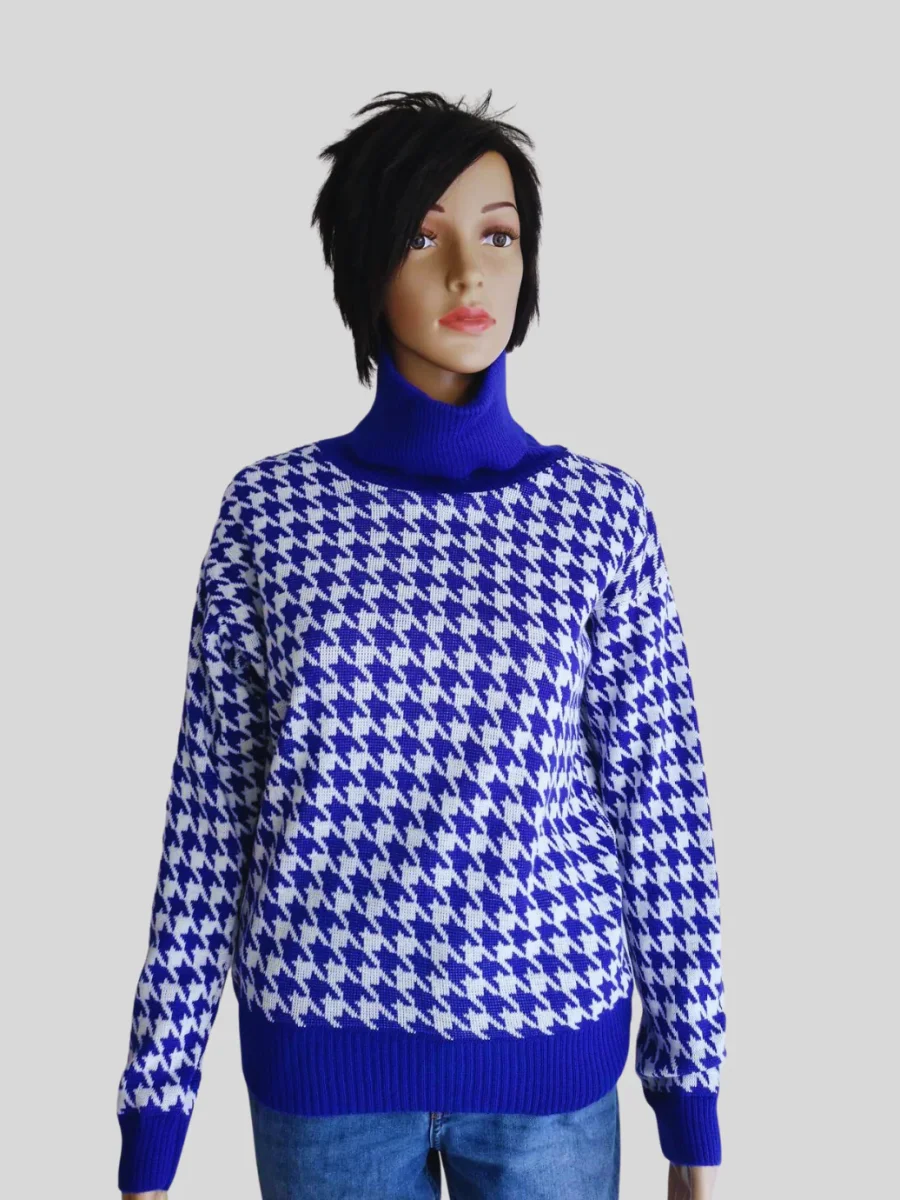 Pull BLEU ÉLECTRIQUE imprimé pied de poule – Image 6