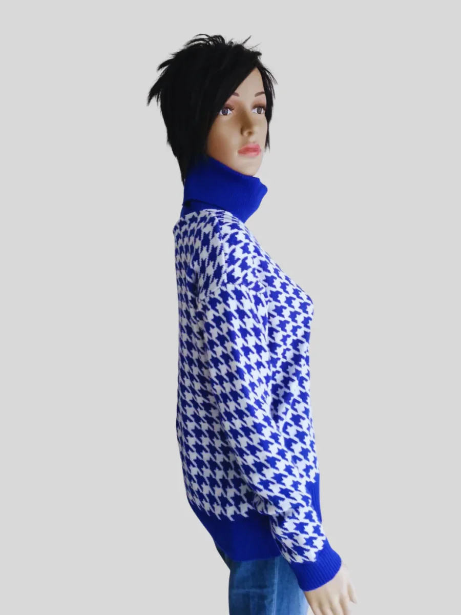 Pull BLEU ÉLECTRIQUE imprimé pied de poule – Image 3