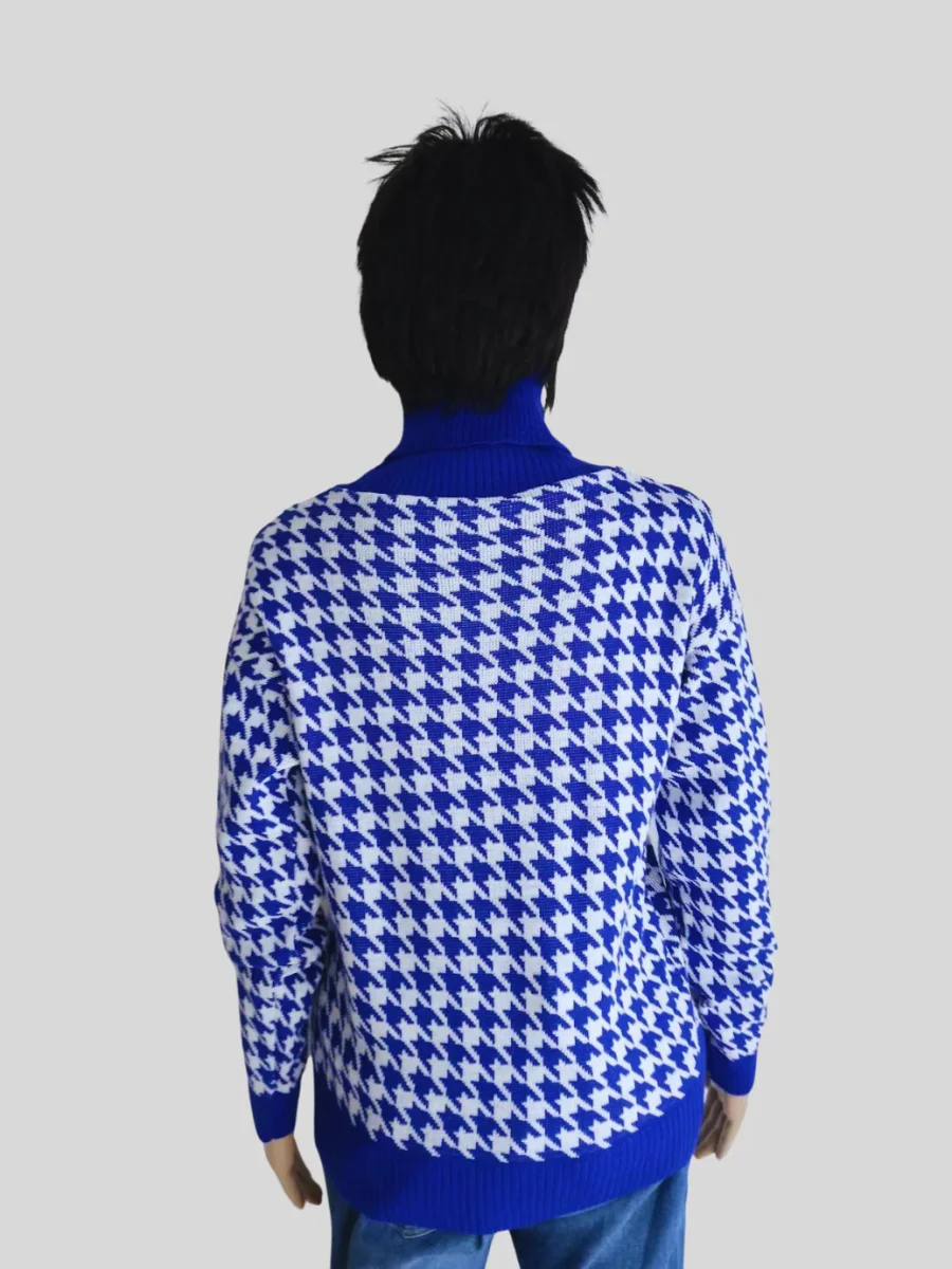Pull BLEU ÉLECTRIQUE imprimé pied de poule – Image 4