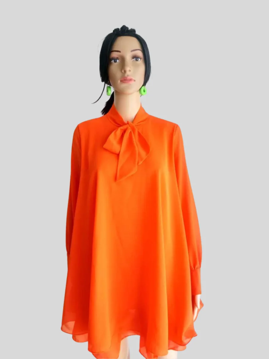 Robe ORANGE à volants avec col lavallière – Image 2
