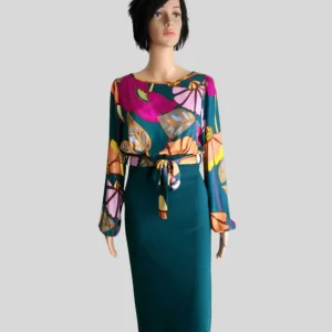 Robe crayon femme à fleurs VERTE/ROSE