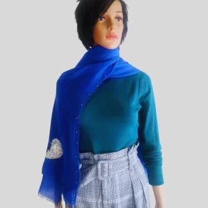 Foulard BLEU COBALT brodé et perlé