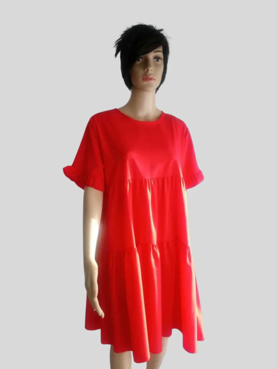 Robe ROUGE ORANGÉE à manches à volants