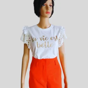 T-shirt femme BLANC CASSÉ à volants "La vie est belle"