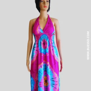 Robe ROSE FUCHSIA imprimée Batik à nouer au cou