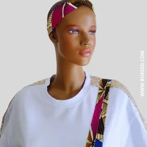 Bandeau croisé en Wax motif fleuri rose fuchsia & bleu fait main en France