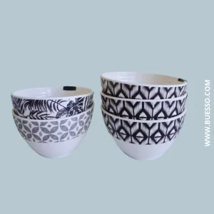 Assortiment de 5 bols noirs & blancs, design graphique pour dessert, soupe, riz, glace