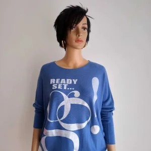 Pull BLEU imprimé à manches chauve-souris femme