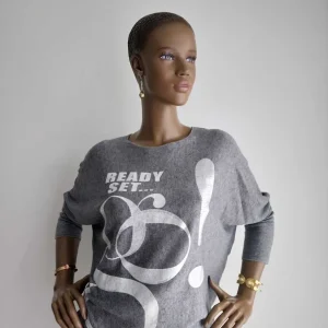 Pull GRIS imprimé à manches chauve-souris femme