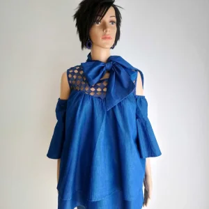 Blouse femme en JEAN avec col lavallière à nouer