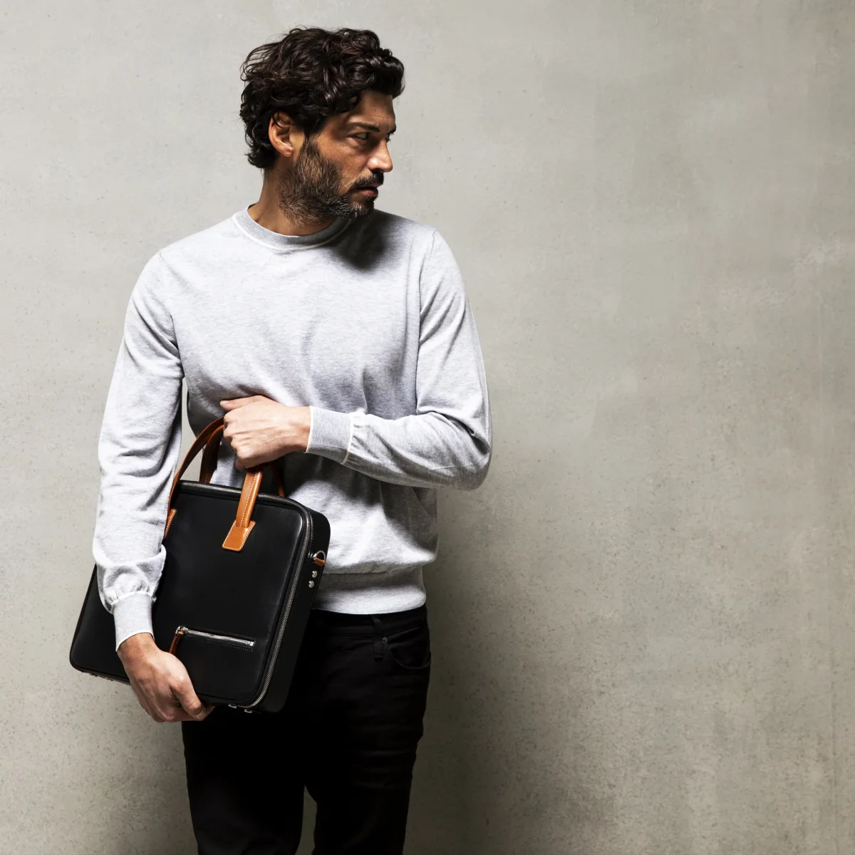 Porte-documents en cuir lisse ~ ALESSANDRO II - NOIR & COGNAC – Image 8