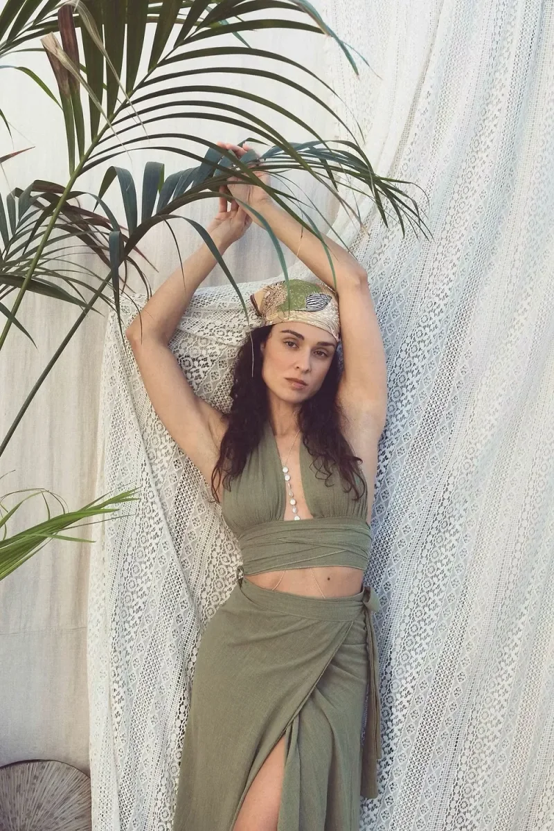 Top à nouer effet lin Gizeh - Kaki – Image 3