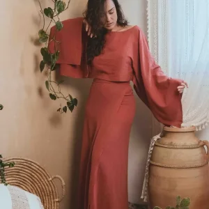 Jupe longue effet lin Angkor - Terracotta