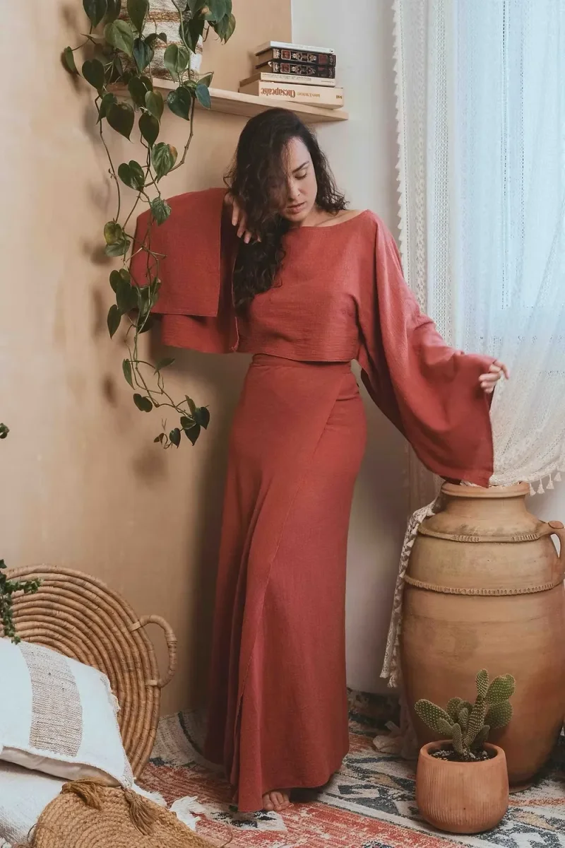Jupe longue effet lin Angkor - Terracotta – Image 2