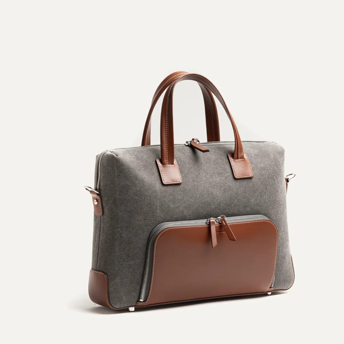 Porte-documents en toile et cuir ~ DANIEL - GRIS et COGNAC