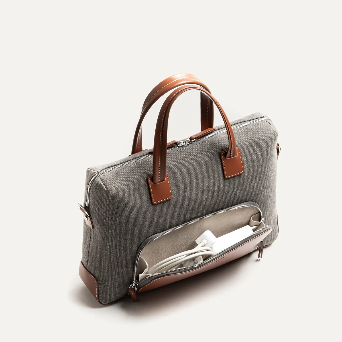 Porte-documents en toile et cuir ~ DANIEL - GRIS et COGNAC – Image 3