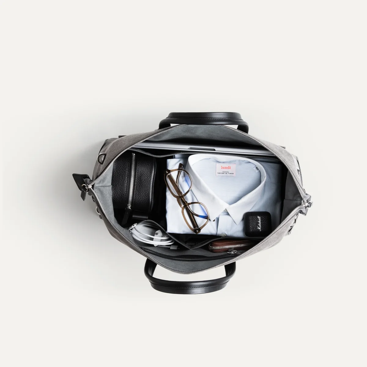 Sac de voyage 48 heures ~ AUGUSTIN ~ Toile grise & cuir noir – Image 4