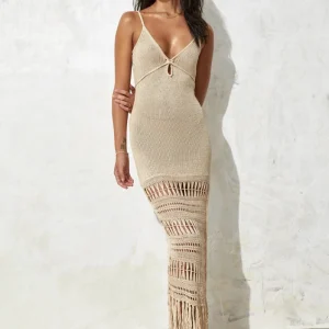 Zuri Robe longue col V en crochet à franges