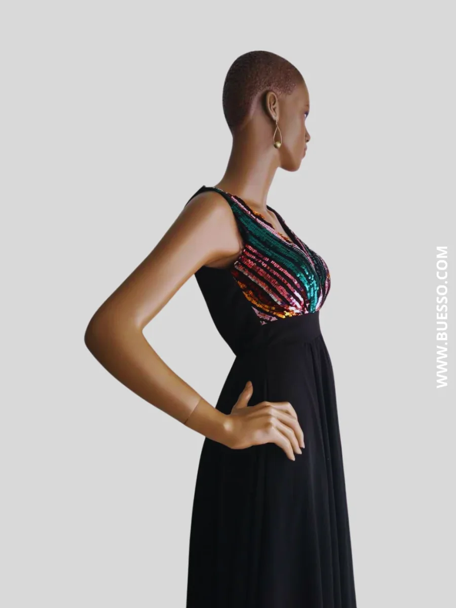 Robe noire élégante longue à paillettes femme – Image 4