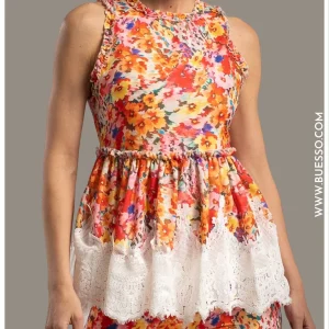 Top volanté dentelle floral rouge femme